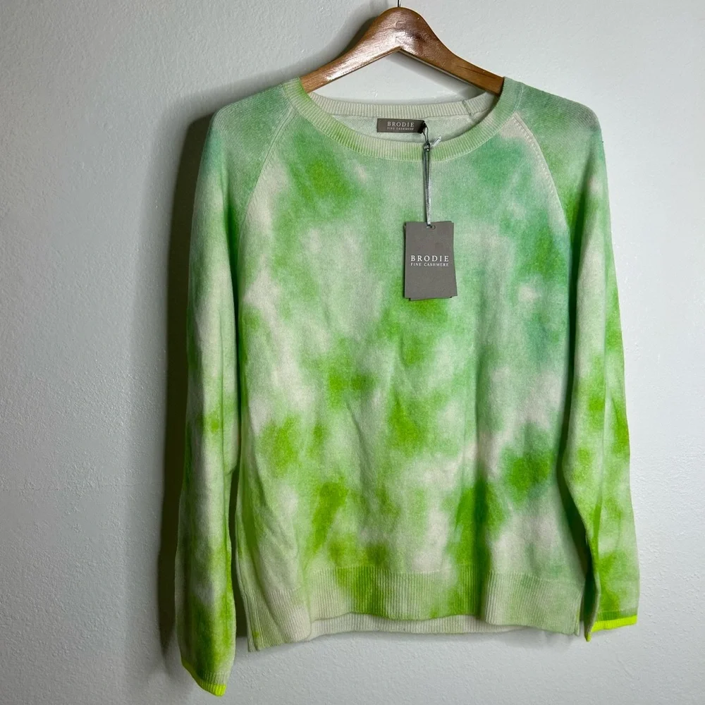 NWT Brodie Cashmere 100% Cashmere Green Tie Dye Multicolor Pullover Sweater